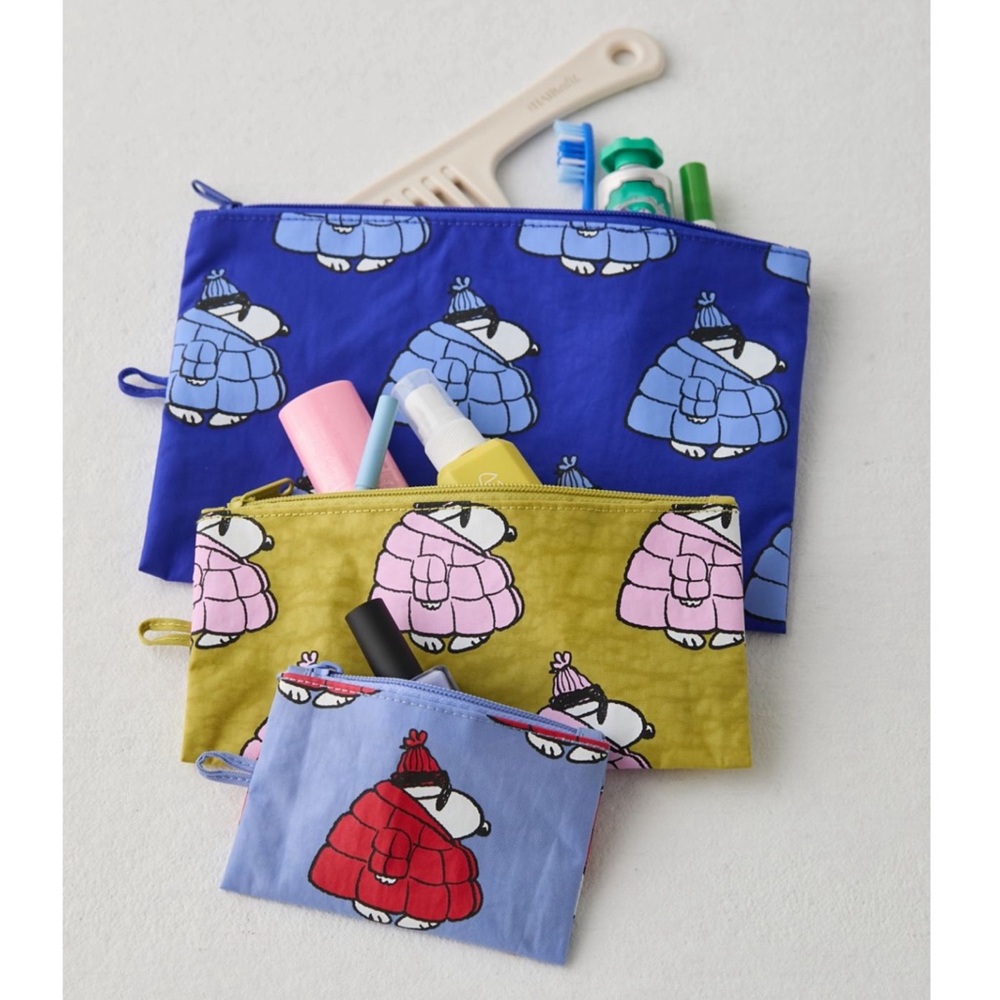 BAGGU Peanuts Puffer Snoopy Recycled Nylon Flat 3 Pouch Bag Set - Picture 2 of 5